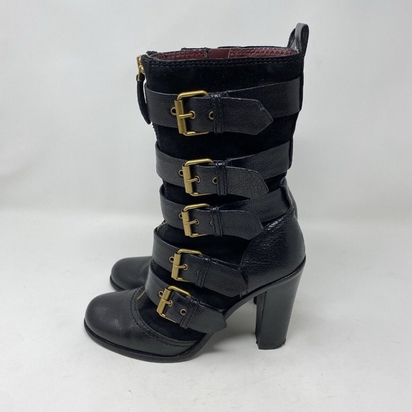 MARC BY MARC JACOBS Gold Buckle Leather Suede MidCalf Belted HEEL BOOTS / EU 37 - Picture 5 of 16